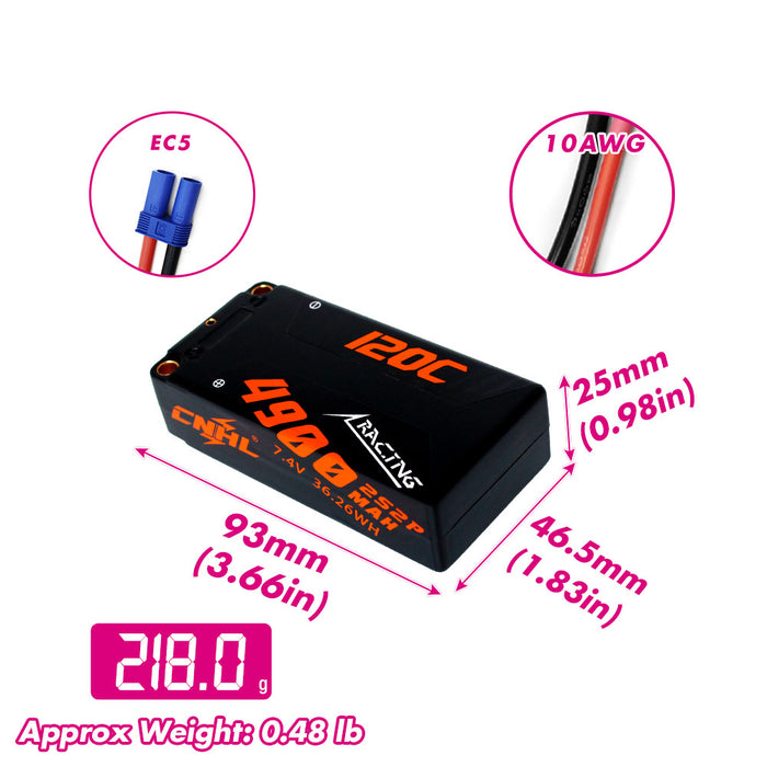 CNHL Racing Series 4900mAh 7.4V 2S2P 120C Hard Case Lipo Battery with EC5 Plug