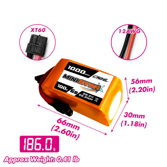CNHL MiniStar 1000mAh 22.2V 6S 100C Lipo Battery with XT60 Plug