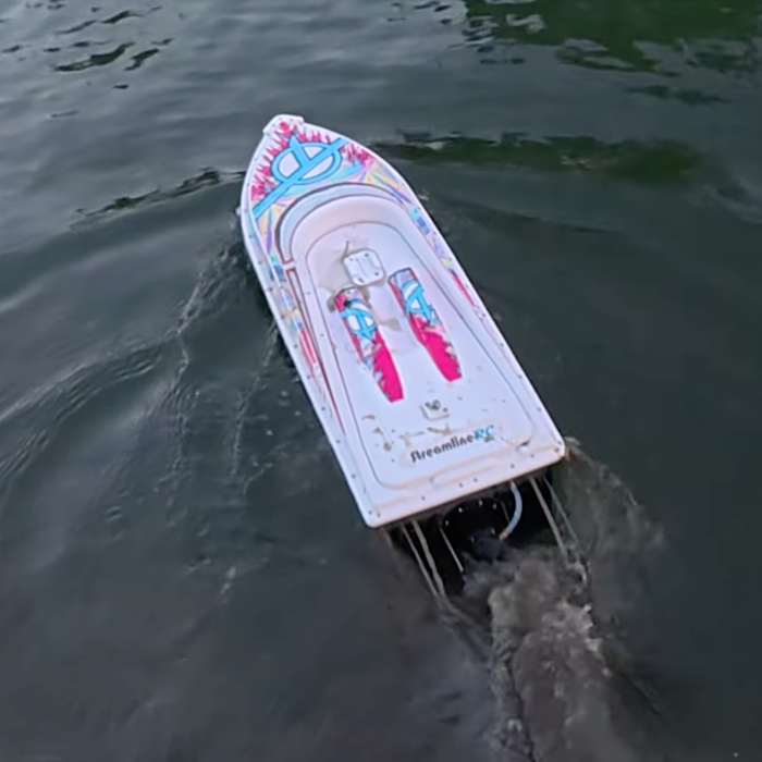 Streamline RC Thrasher XP 6S RTR Jet Boat testing on water, showing jet-drive thrust and stable hull control