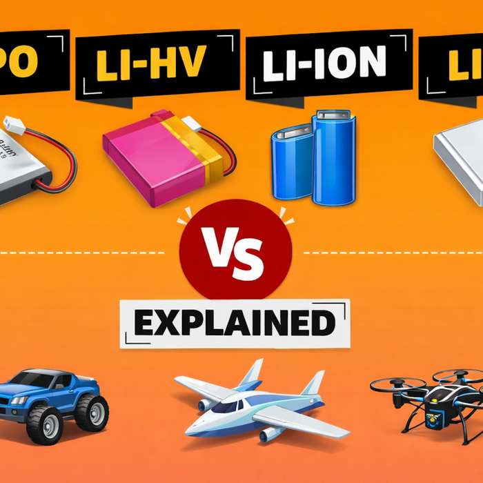 Engineering-style cover diagram showing LiPo, LiHV, Li-ion, and LiFe battery types with icons for RC cars, RC planes, and FPV drones.