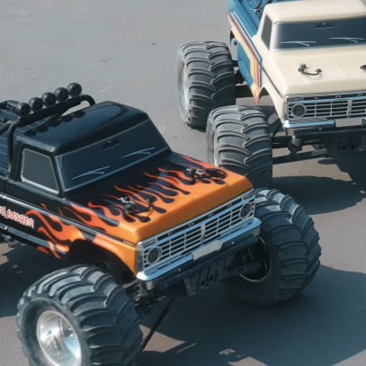 FMS Ford F-100 Brushless RS review showing two retro licensed Ford monster trucks on pavement
