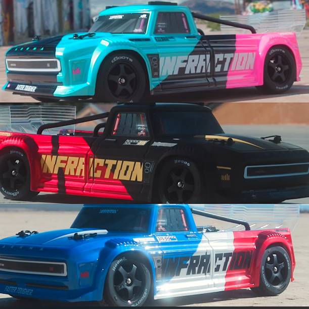 ARRMA INFRACTION 223S review cover image showing all three new body color options