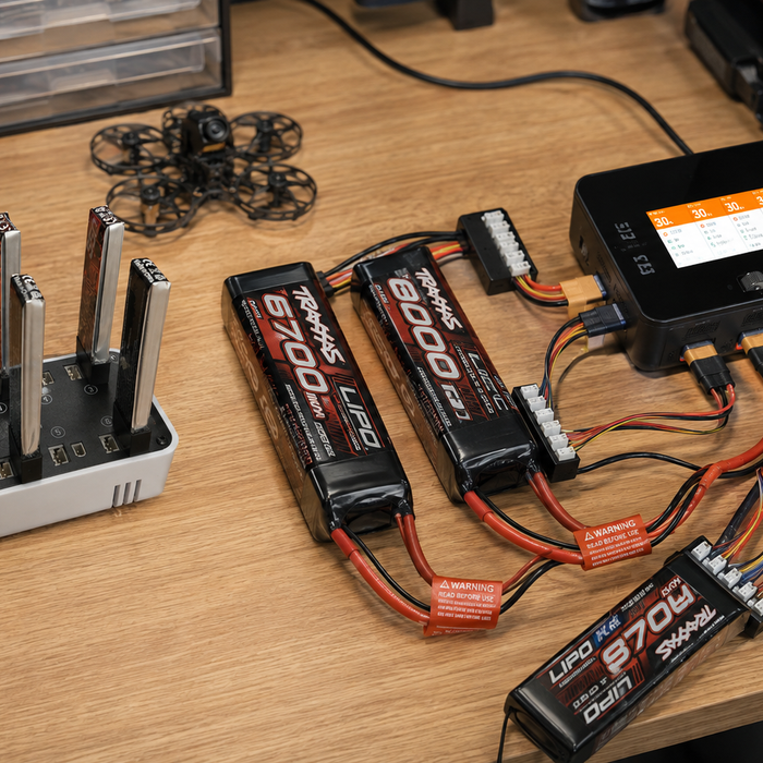 All-in-one LiPo charger setup comparing independent 1S charging with 2S 3S and 4S balance charging