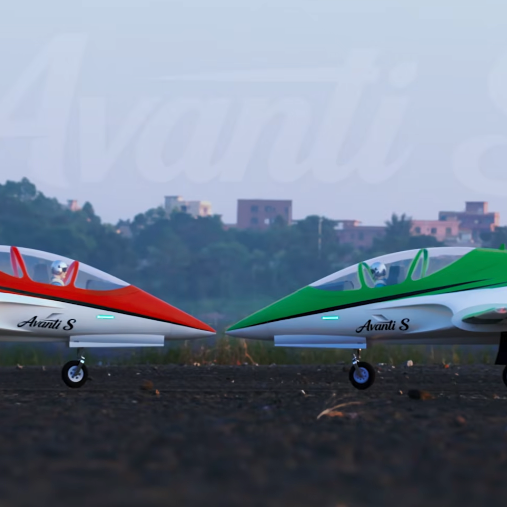 Freewing Avanti S 90mm red and green EDF sport jets side by side on the runway for 6S vs 8S review