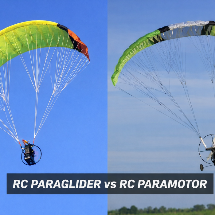 RC paraglider vs RC paramotor comparison cover showing canopy wing and motor frame
