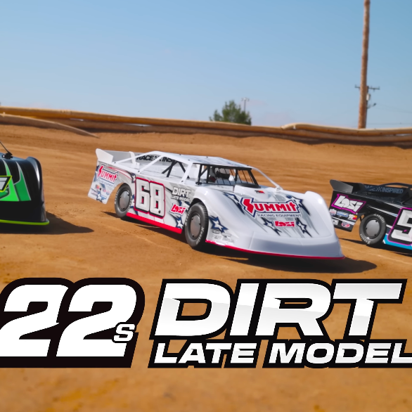 Losi 22S Dirt Late Model RC cars racing together on a dirt oval track