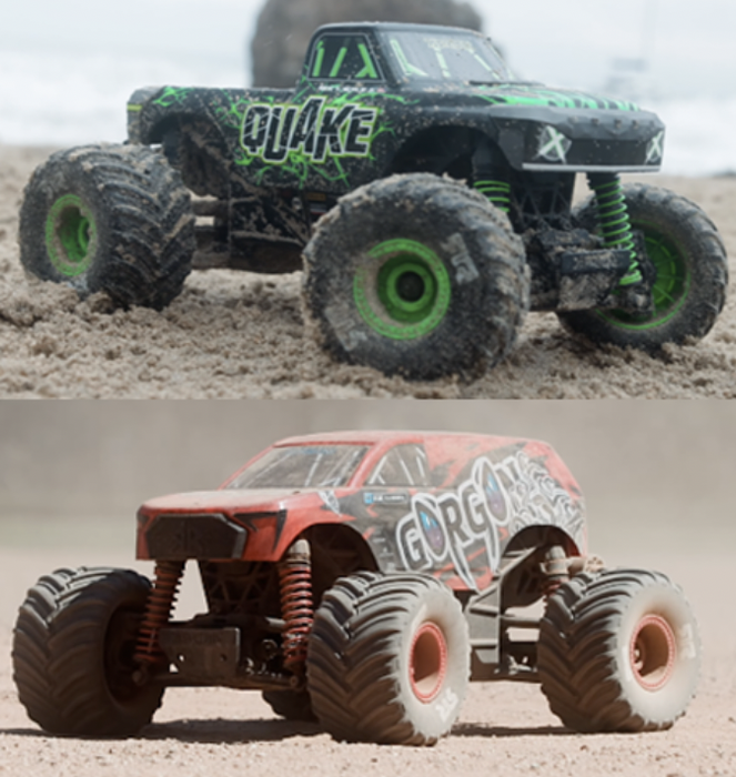Side-by-side comparison of Arrma Quake Grom and Gorgon Grom 1/16 RC trucks, highlighting the GROM platform shared chassis