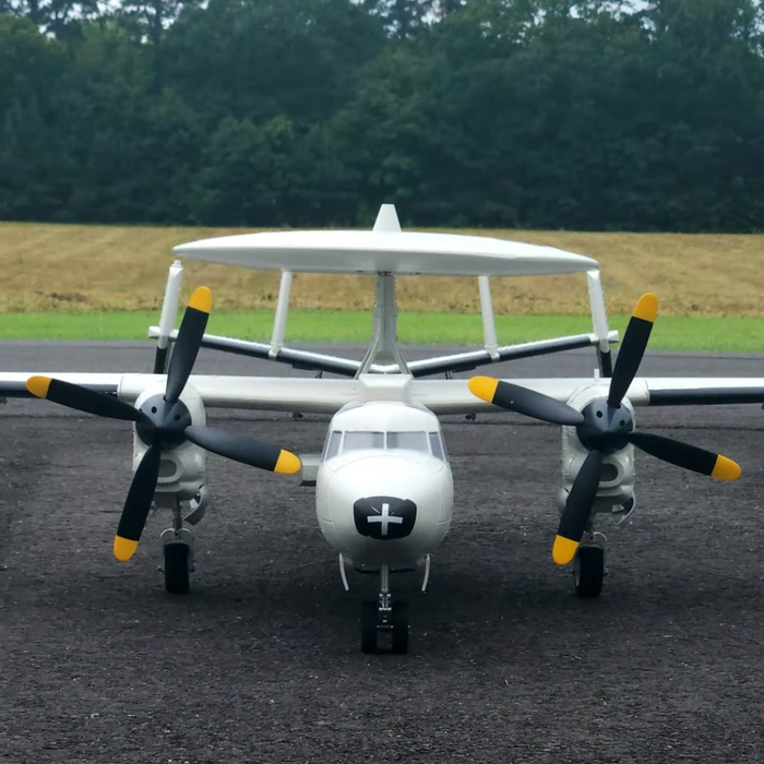 Dynam E-2C Hawkeye 1500mm twin-engine RC plane with rotating radar dome and four-blade propellers