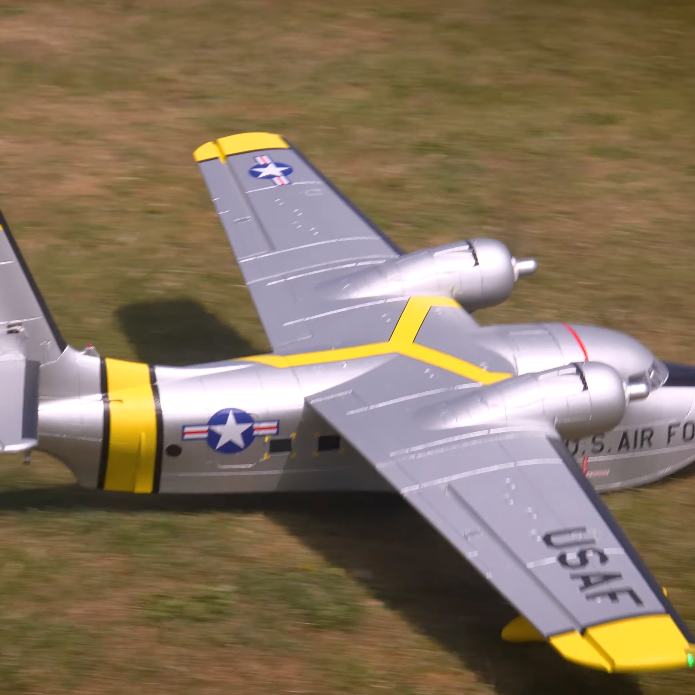 Avios Albatross V2 USAF Search and Rescue RC plane flying over grass