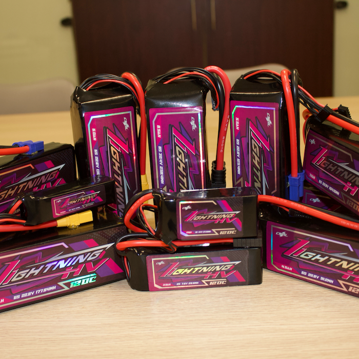 CNHL Lightning LiHV battery series lineup with multiple 120C high-voltage LiPo packs in different sizes