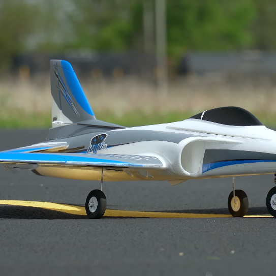 E-flite Habu SS 50mm EDF V2 blue 50mm EDF sport jet on runway before 3S and 4S flight review