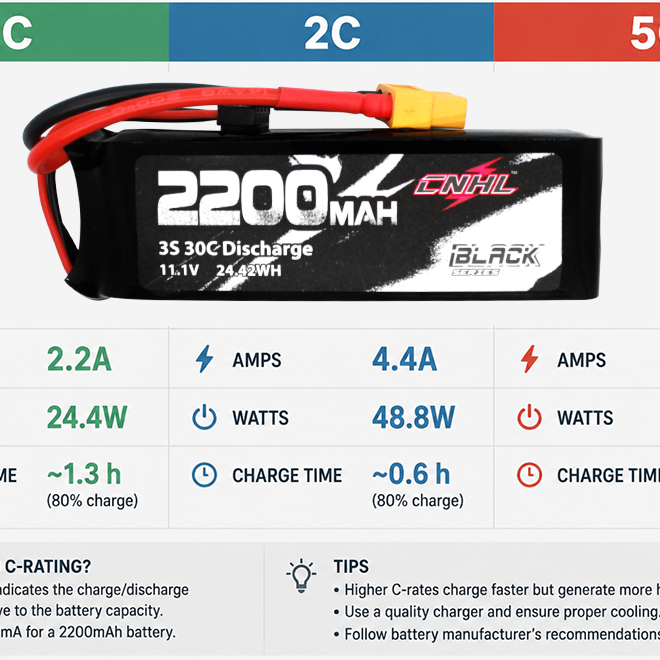 LiPo charging rate guide comparing 1C 2C and 5C with amps watts and charge time