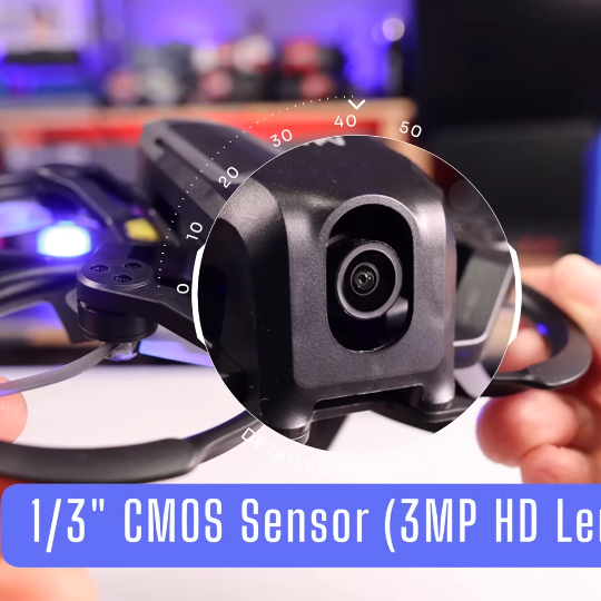 Close-up view of the BETAFPV Aquila20 FPV drone camera featuring a 1/3-inch 3MP HD CMOS sensor, showing improved image clarity and indoor flying performance.