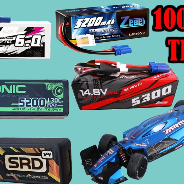 A comparison of SMC, Gens Ace, and various 4S LiPo models in a 100mph real-world test, including speed test charts from brands such as CNHL G+, Ovonic, and Zeee.