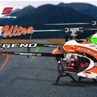 Goosky S2 Ultra helicopters in orange and green canopy colors displayed outdoors, highlighting the new carbon frame and updated design.