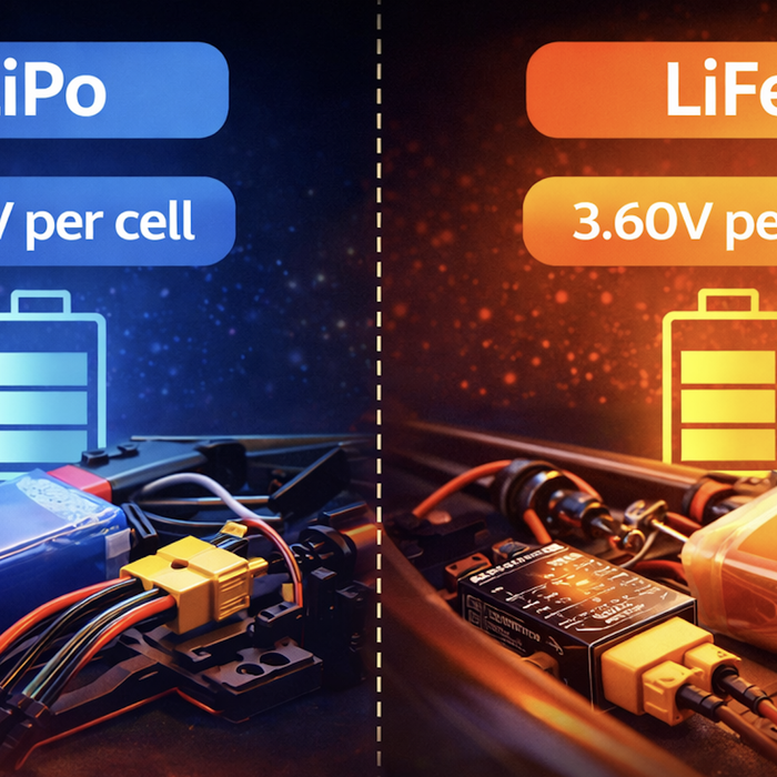 Split-screen infographic comparing LiPo (4.20V per cell) vs LiFe (3.60V per cell) batteries for RC use, with a drone setup on the LiPo side and a receiver pack in an airplane on the LiFe side