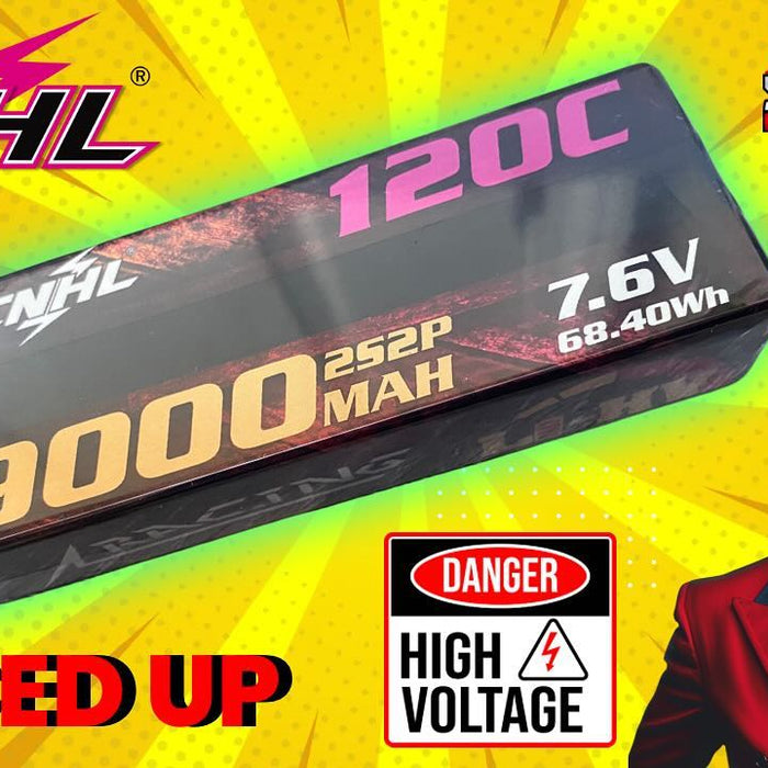 CNHL 7.6V 9000mAh 120C LiHV battery high voltage pack for RC cars and FPV drones, labeled JUICED UP with danger high voltage warning