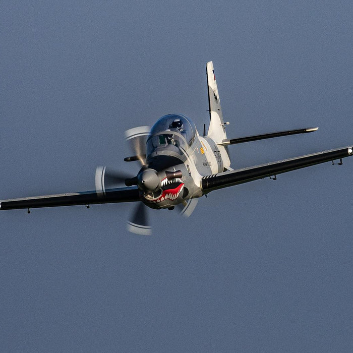 Super Tucano 1600mm RC plane in flight, showing scale turboprop-style design and overall proportions before purchase