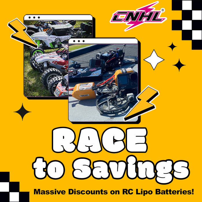 A yellow promotional banner with the headline "Race to Savings" advertising "Massive Discounts on RC Lipo Batteries!". The image features RC cars and an FPV drone with a battery, along with a "SHOP NOW" button.