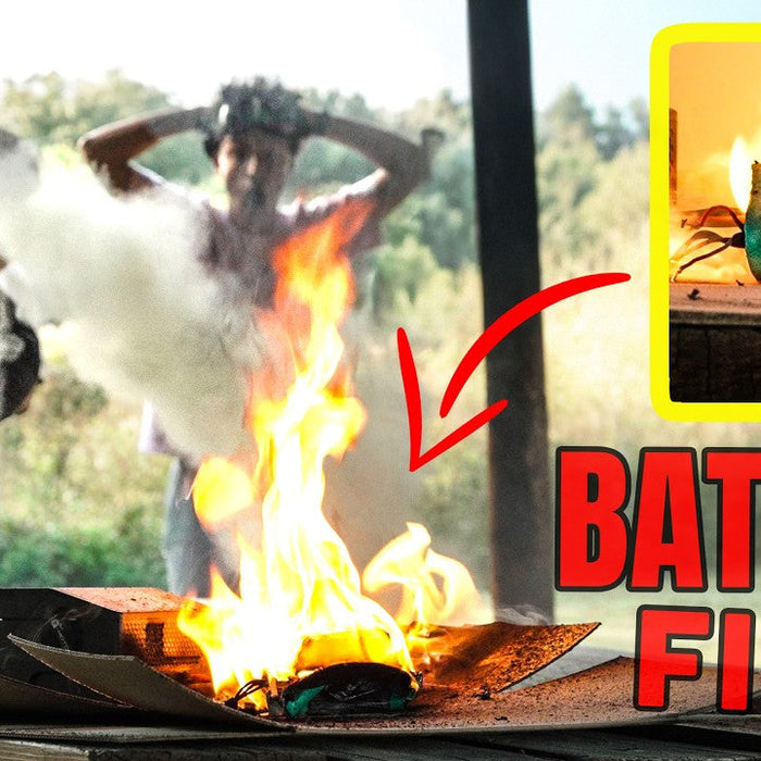 FPV LiPo battery fire experiment with pilots using a fire extinguisher after an overcharged pack ignites