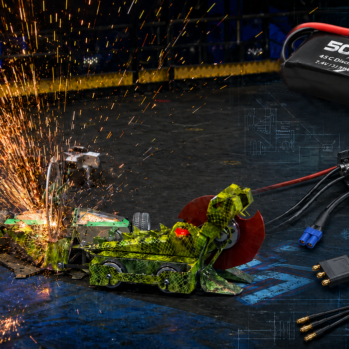 Battle bot-style combat robot in an arena showing the power demands of robot combat