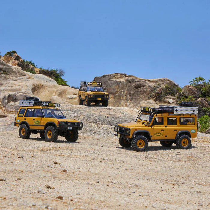 FMS FCX10 Camel Trophy Series 1/10 RC Crawler lineup featuring Range Rover, Defender 90, and Discovery body options under the same FCX10 chassis platform.