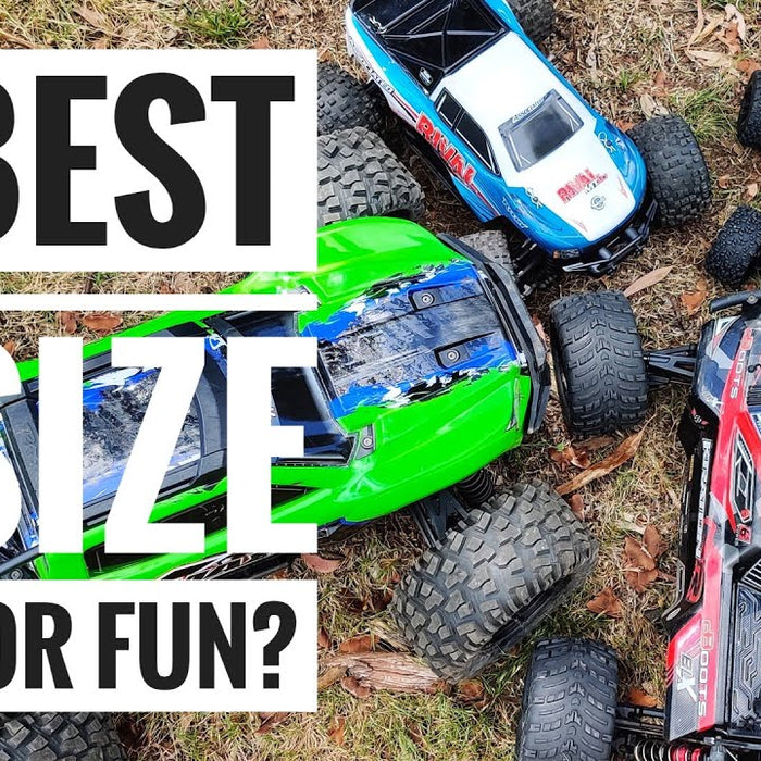 Different RC car scales from 1/24 to 1/5 side by side, showing size and design differences.