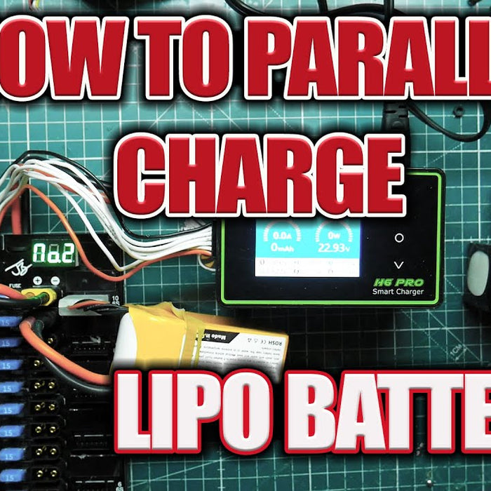 LiPo batteries connected to a fused parallel charging board and balance charger