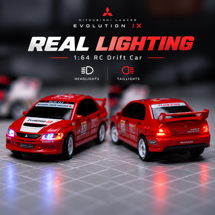 Mitsubishi Lancer Evolution IX 1:64 RC car with illuminated headlights and rear lights