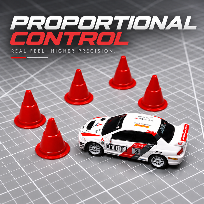 Mitsubishi Evo 9 1:64 RC drift car demonstrating proportional steering and throttle control