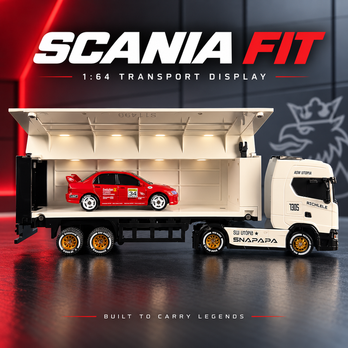 Mitsubishi Evo IX 1:64 RC car loaded inside Wen Nan Feng Scania S730 semi truck trailer