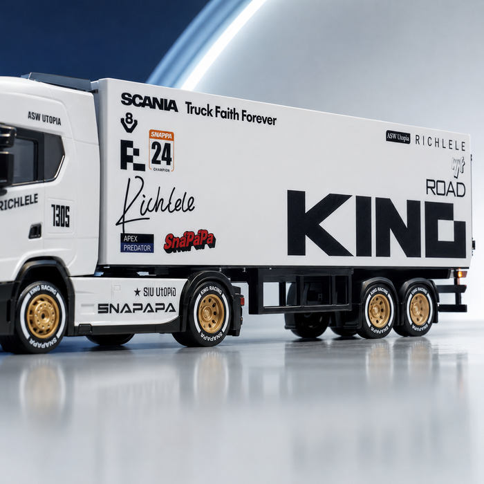 KING racing transport livery and spray-coated detail on Scania S730 1/64 RC trailer
