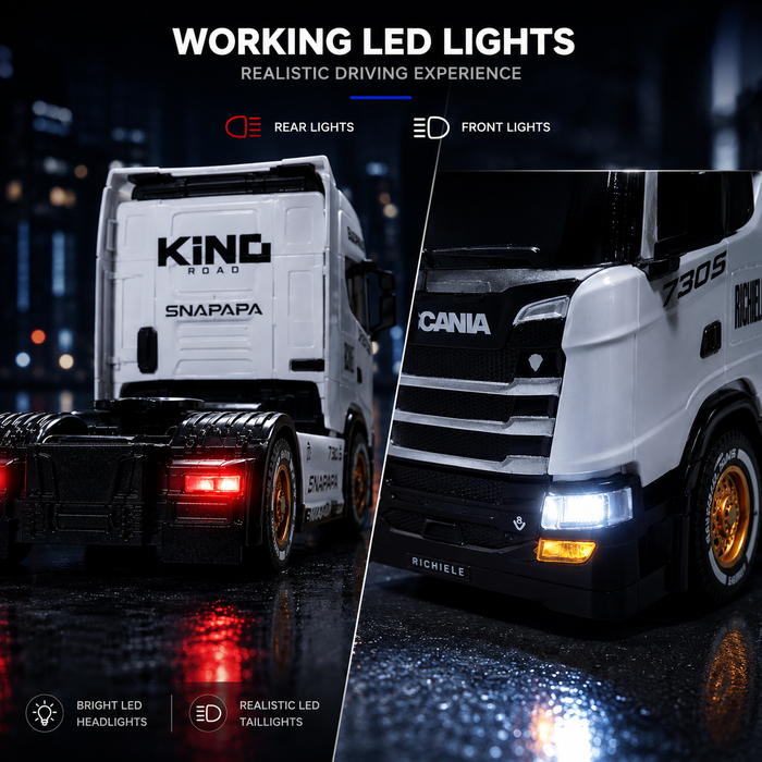 Working LED headlights and taillights on Scania S730 1/64 RC semi truck