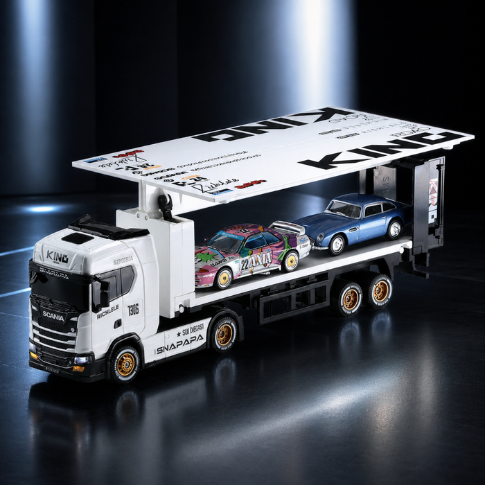 Wing-opening trailer on Scania S730 1/64 RC truck carrying two 1/64 model cars