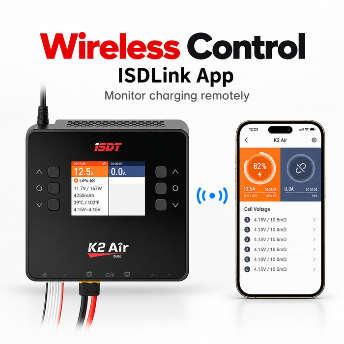 Chargeur LiPo ISDT K2 Air Bluetooth CA/CC double 6S - 200W CA / 500W×2 CC