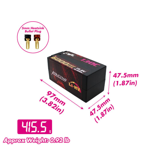 CNHL 6000mAh 4S LiHV shorty hardcase battery dimensions 97 x 47.5 x 47.5mm and 415.5g weight