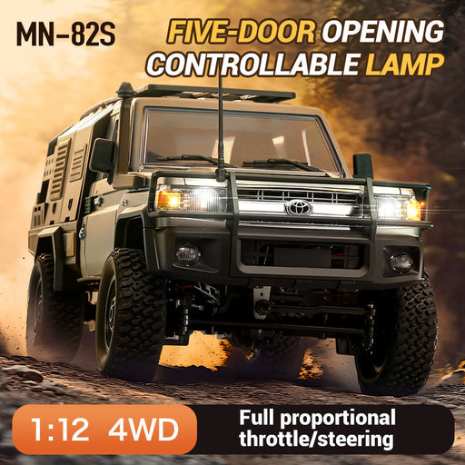 MNRC MN82S Toyota Land Cruiser LC79 1/12 scale licensed 4WD RC truck front view with LED headlights and full-proportional steering control