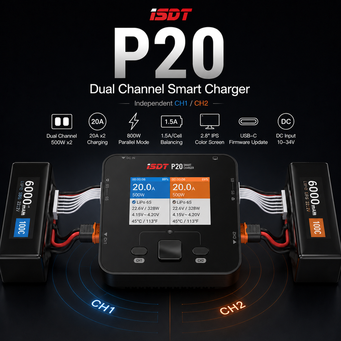ISDT P20 dual channel smart charger charging two RC LiPo batteries independently