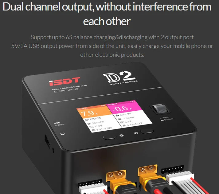 ISDT D2 Mark II dual channel charger with independent outputs for two RC batteries