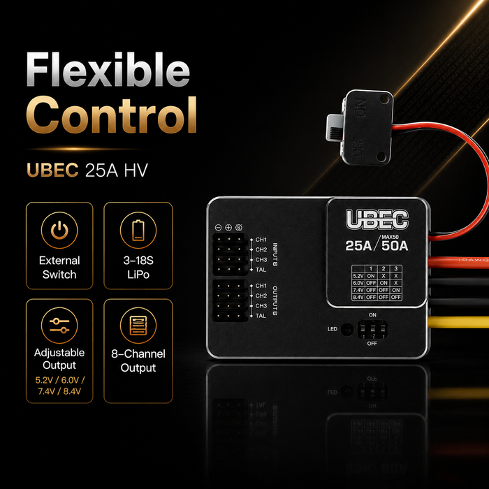 Hobbywing UBEC 25A HV 5.2V/6V/7.4V/8.4V External Switching BEC for 3-18S LiPo