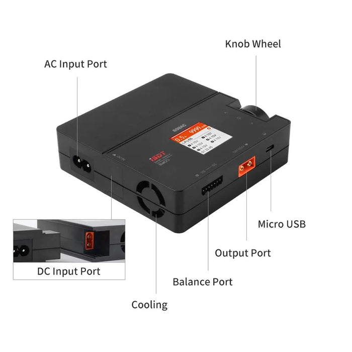 ISDT 608AC charger showing AC input DC input balance port battery port and control knob