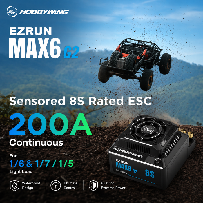 Hobbywing EZRUN MAX6 G2 200A 3-8S Sensored Brushless ESC for 1/6 & 1/7 RC Cars