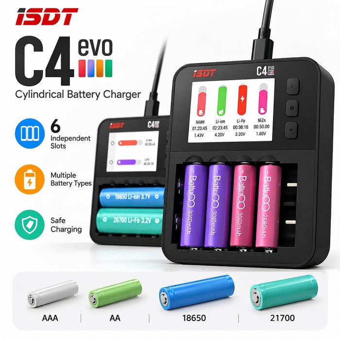 Chargeur de batterie intelligent ISDT C4 EVO à 6 canaux pour AA AAA 18650 21700 et 26700