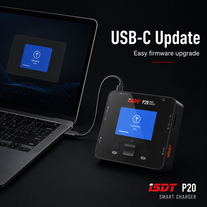 ISDT P20 smart charger USB-C firmware update connected to a computer