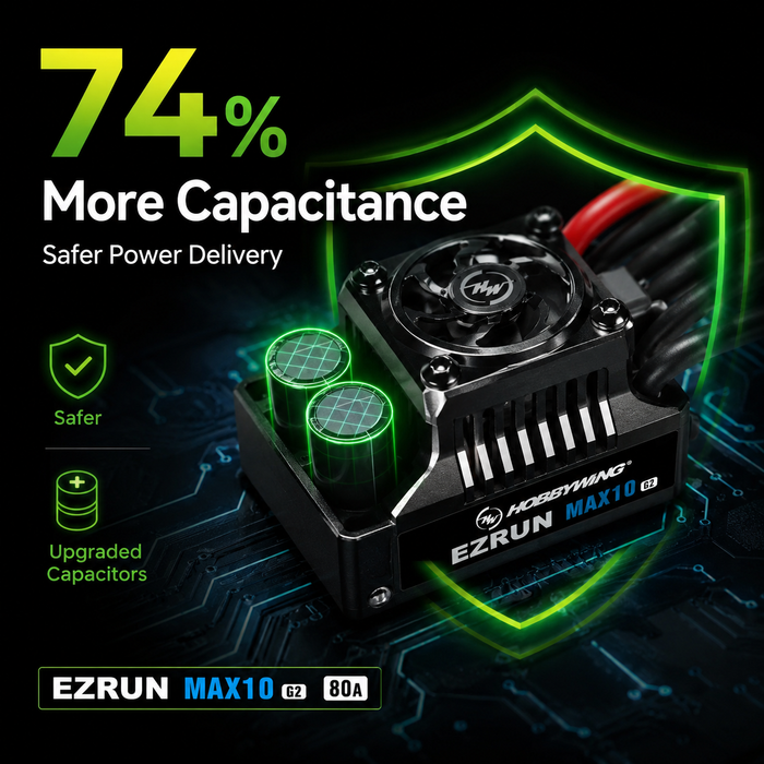 وحدة تحكم إلكترونية للمحرك بدون فُرَش، مقاومة للماء، مزوّدة بمستشعر، Hobbywing EZRun MAX10 G2 بتيار 80A وجهد 2–3S