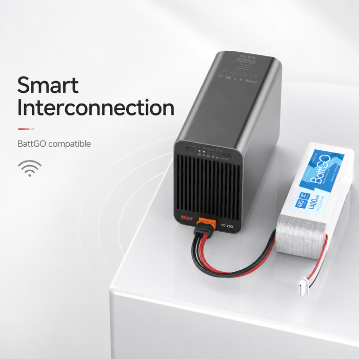 ISDT FD-200 smart discharger with BattGO battery interconnection and automatic parameter recognition