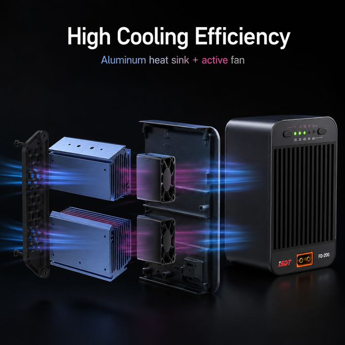 ISDT FD-200 smart discharger with aluminum heat sink and active fan cooling system