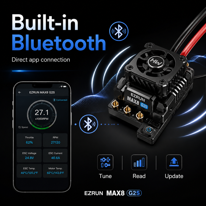 Hobbywing EZRUN MAX8 G2S 160A 3-6S Bluetooth Sensored ESC with XT90 for 1/8 RC Cars