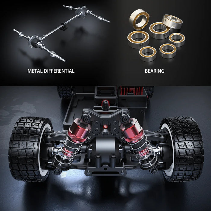 Close-up of metal differential, bearings, and suspension system of MJX 14303 brushless RC car
