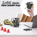 HG4-244 mini alloy RC forklift set with trailer and road cones showing realistic warehouse loading operation on desktop